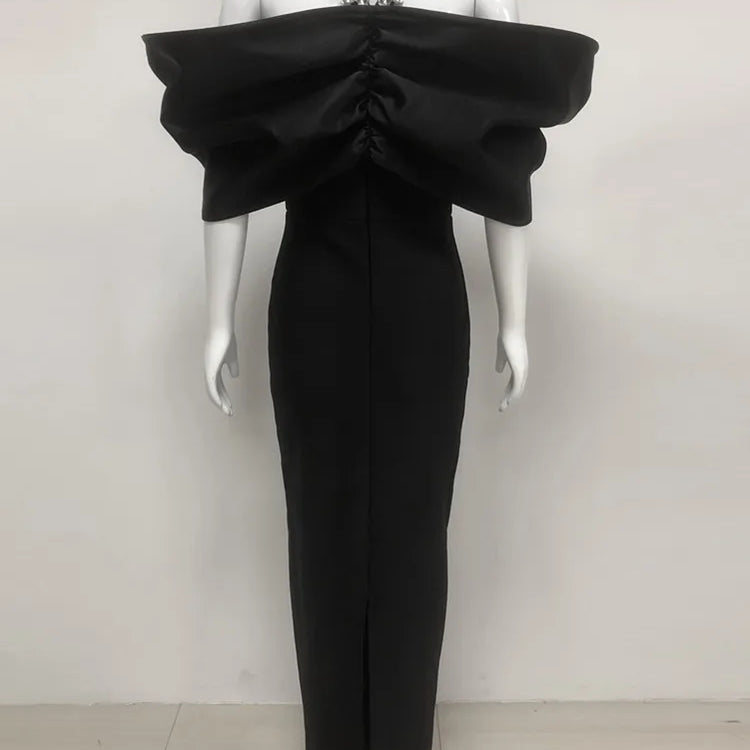 Women Sexy Off Shoulder Ruched Black Maxi Long Diamonds Celebrity Bodycon Bandage Dress 2025 Elegant Evening Club Party Dress