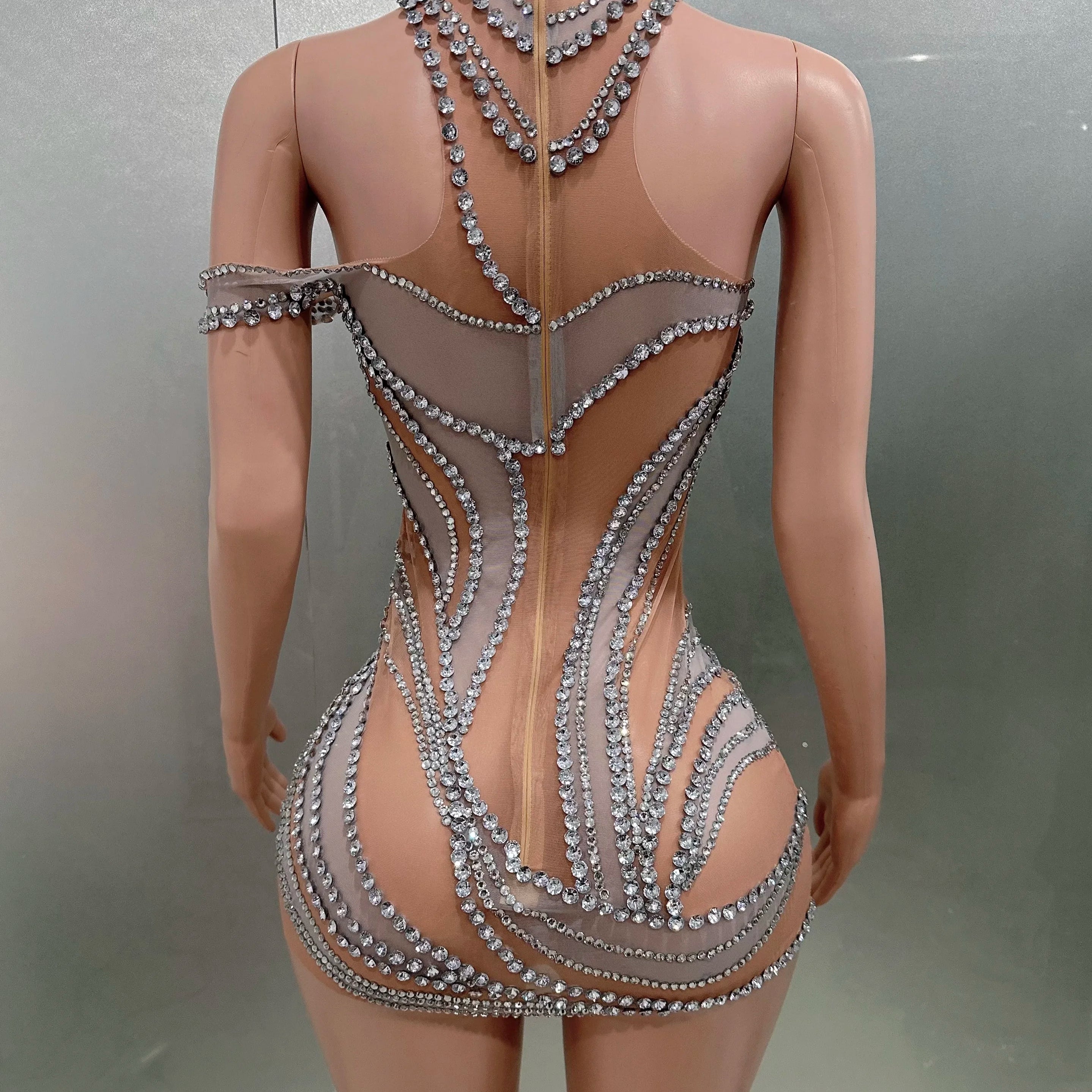 Women Sexy Shinning Crystal Mesh See Through Bodycon Mini Dress Fashion Nightclub Party Performance Costume Stage Wear Wholesale