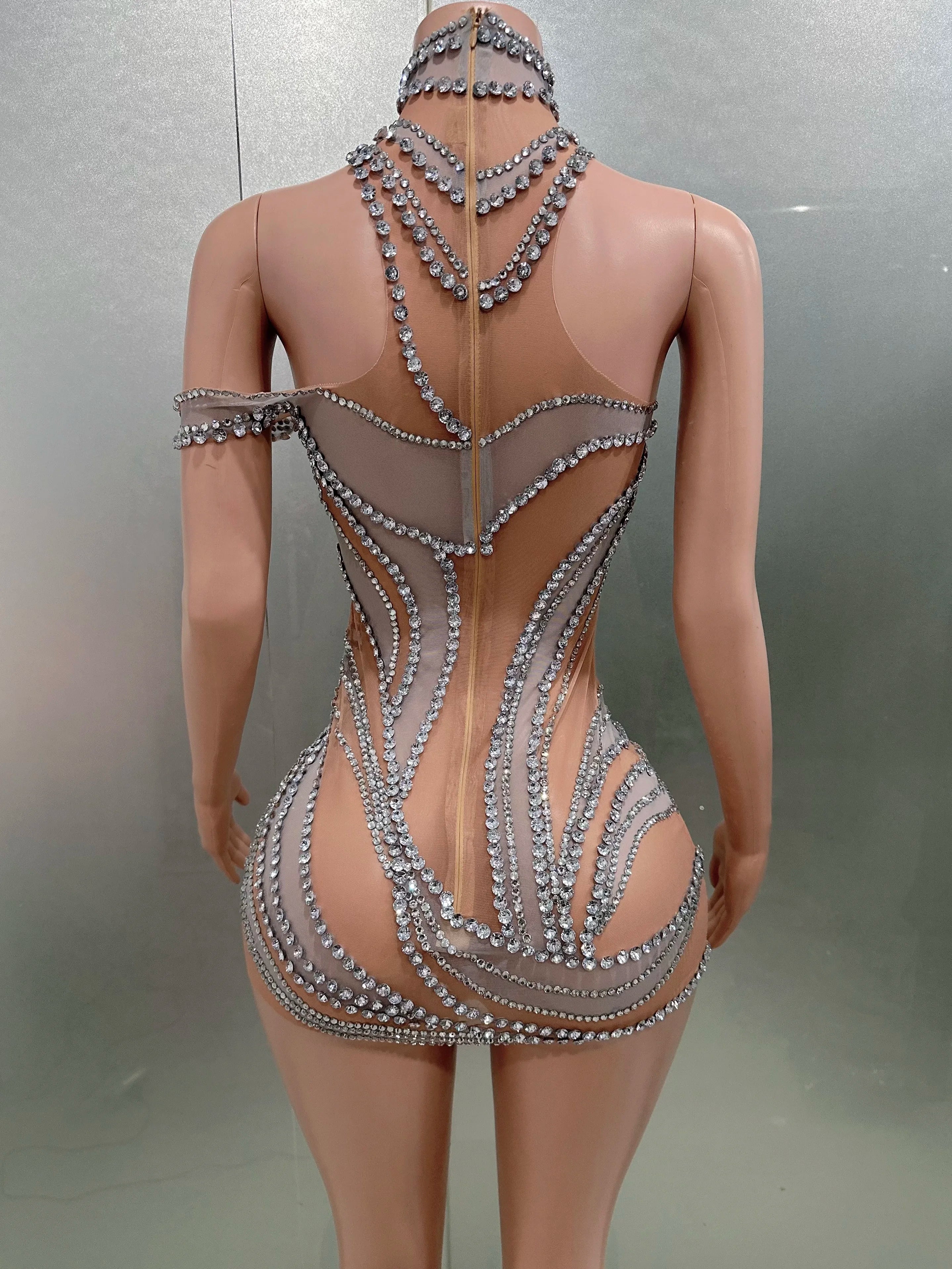 Women Sexy Shinning Crystal Mesh See Through Bodycon Mini Dress Fashion Nightclub Party Performance Costume Stage Wear Wholesale