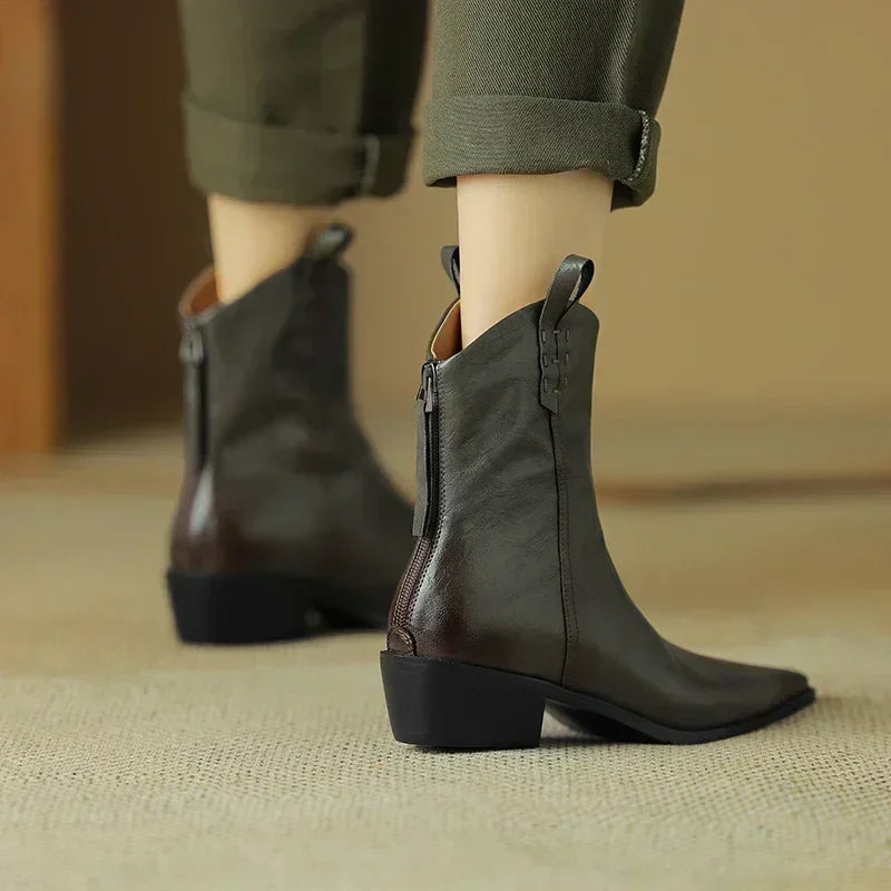 Autumn/winter Women Boots Genuine Leather Western Boots Women Shoes Pointed Toe Chunky Heel Chelsea Boots Retro Ankle Boots