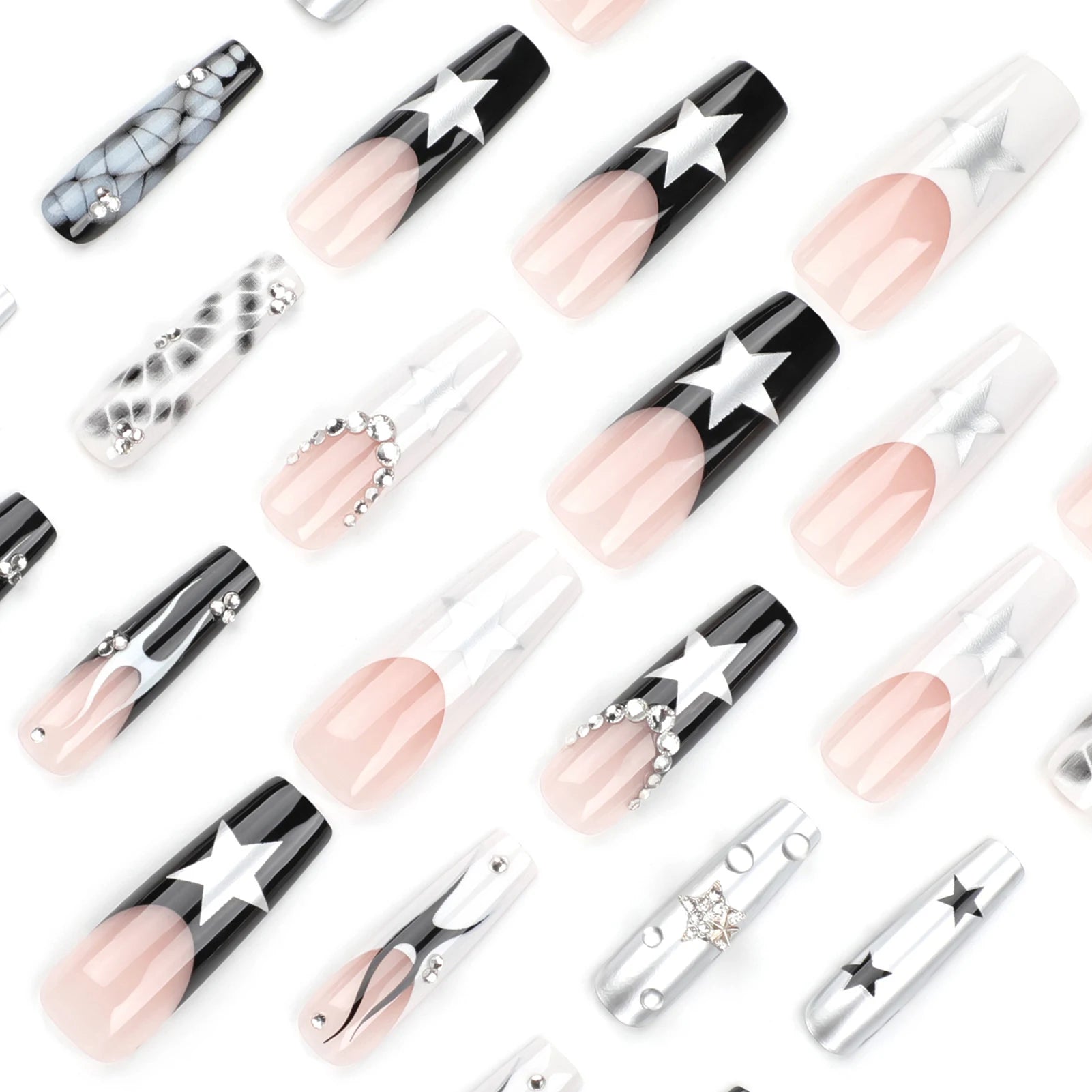 24pcs Long Coffin Gothic Press on Nails Sliver Star Flame Crocodile Print False Nail Wearable European Spicy Girl Fake Nails