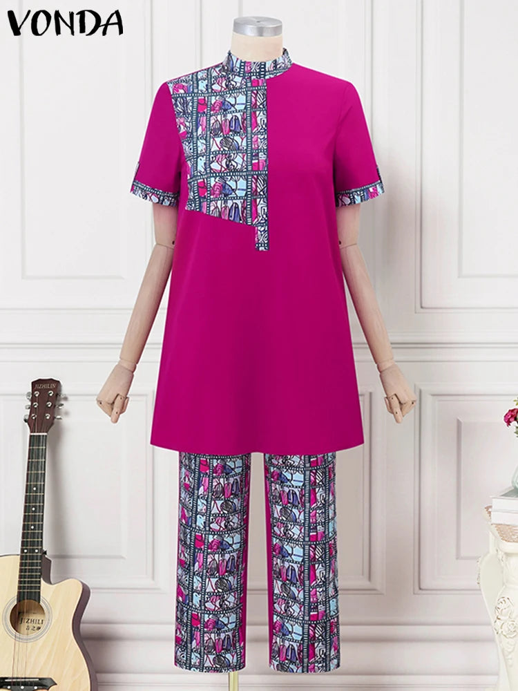 Plus Size 5XL VONDA Women Sets 2025 Summer Vintage Printed Pant Suits Casual Stand Collar Short Sleeve Tops Long Pants Sets