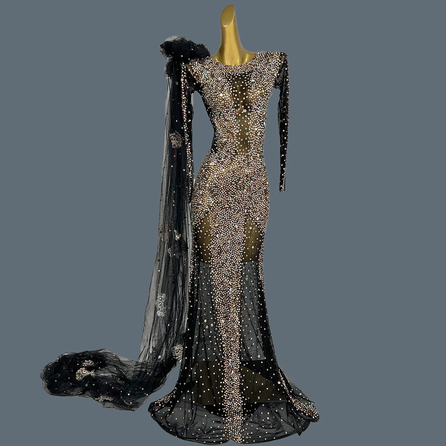 Sparkly Crystals Luxury Sheer Mesh Evening Gown Sexy Women Gauze Long Dress Birthday Wedding Prom Party High-end Outfit Shacha black