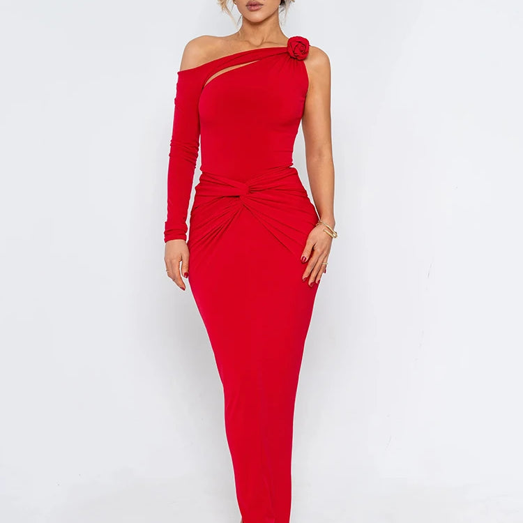 Mozision Rose One Shoulder Backless Sexy Maxi Dress For Women Hollow Out Single Sleeve Ruched Bodycon Club Party Long Dress