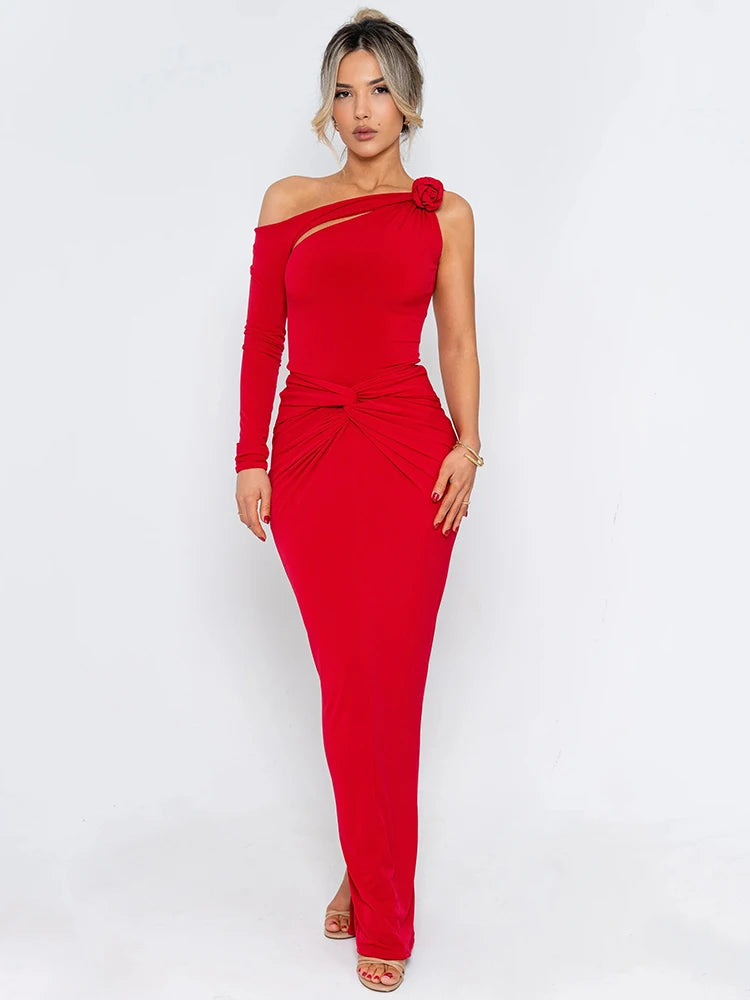 Mozision Rose One Shoulder Backless Sexy Maxi Dress For Women Hollow Out Single Sleeve Ruched Bodycon Club Party Long Dress