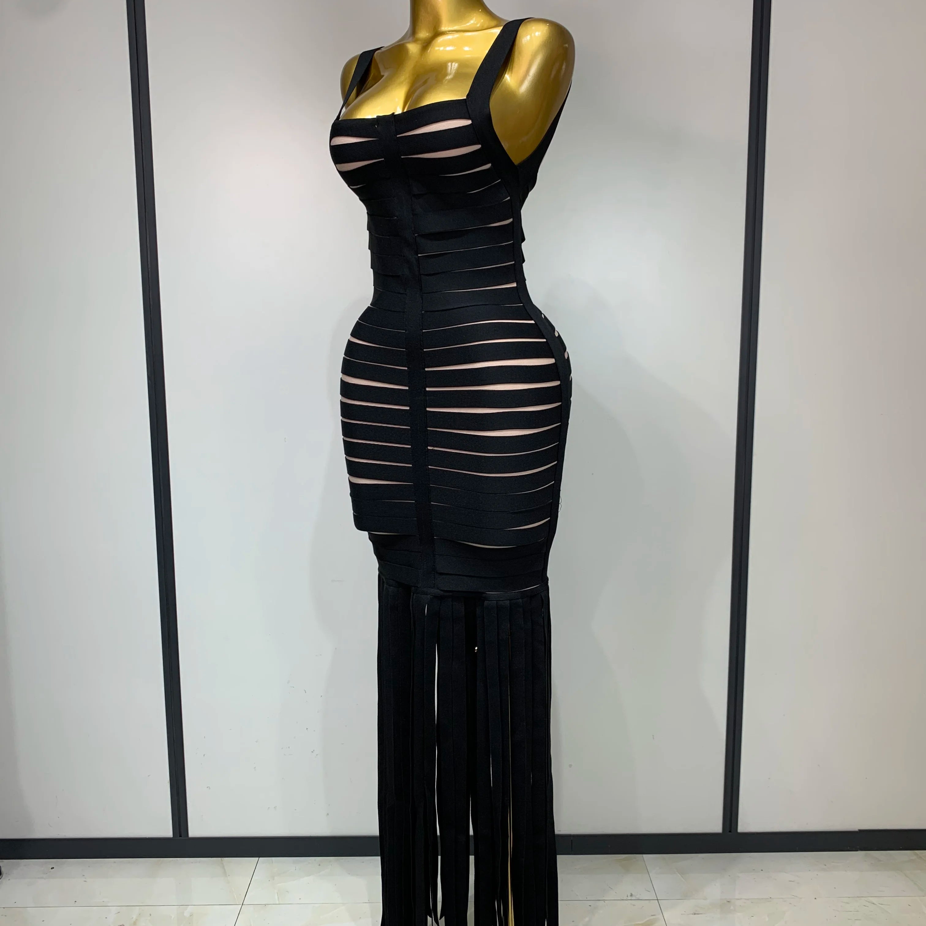 Women Sexy Sleeveless Square Collar Black Tassel Long Bandange Dresses Elegant Evening Party Birthday Gown Design Club Dress