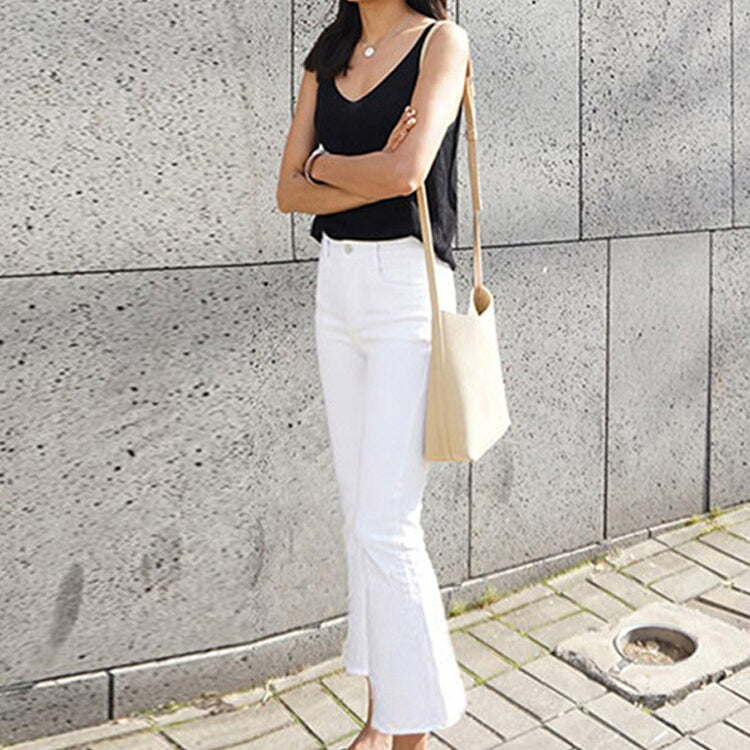 Solid White Stretch Women Jeans Street Wear Flare Denim Pants Boyfriend Fashion Jeans Capri Trousers Ankle length