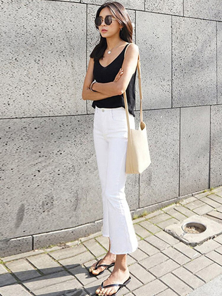 Solid White Stretch Women Jeans Street Wear Flare Denim Pants Boyfriend Fashion Jeans Capri Trousers Ankle length