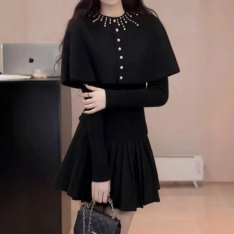 Autumn Winter Beaded Shawl Knitted Sweater For Women Slim Fit Inner Wear Layered Elegant Two-Piece Set 11A07563 Black One Size