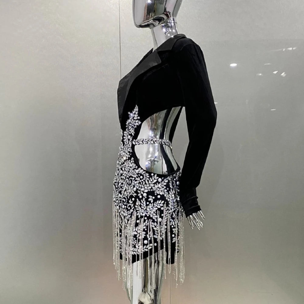 Slimming Hollow Out Spliced Diamond Luxurious Dresses for Women Lapel Long Sleeve Patchwork Tassels Dress Female