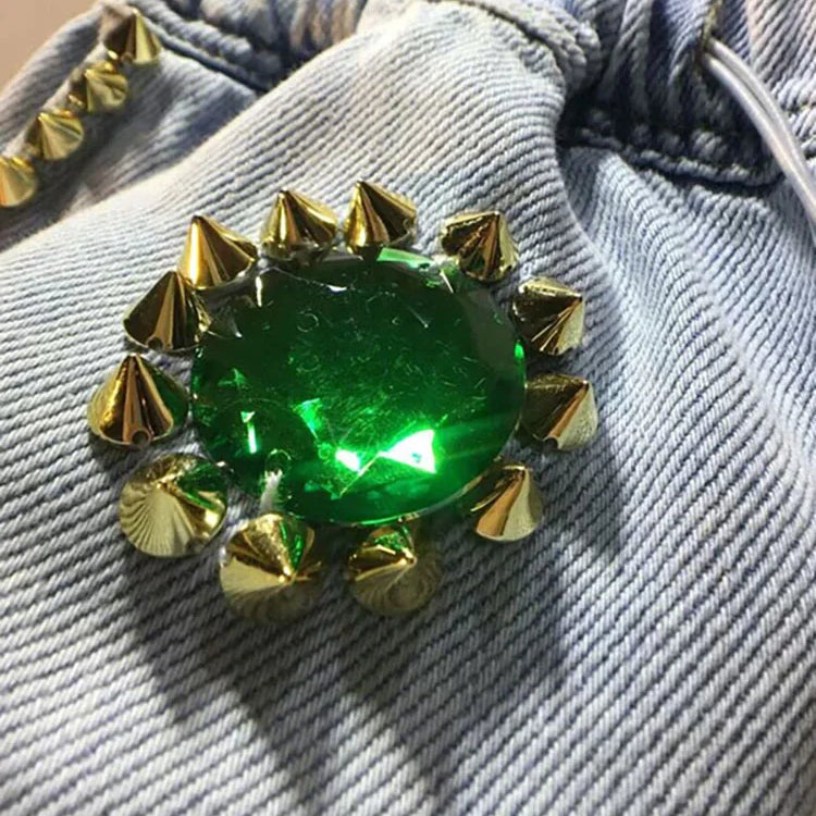 DEAT Women's Denim Shorts Rivet Big Diamonds Drawstring Elastic Waist Loose Wide Leg Short Jeans Summer New Fashion 29L1056