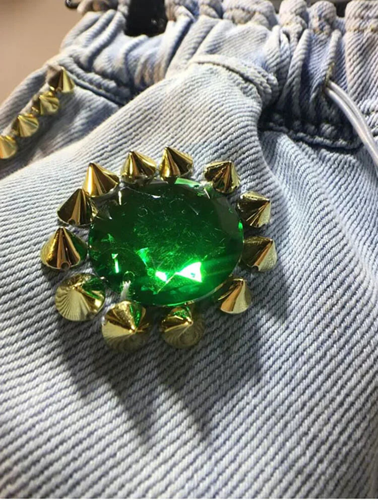 DEAT Women's Denim Shorts Rivet Big Diamonds Drawstring Elastic Waist Loose Wide Leg Short Jeans Summer New Fashion 29L1056