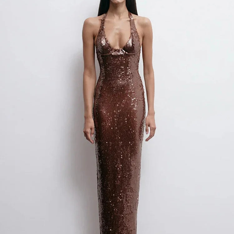 VC Gorgeous Sexy Brown Sequin Halter Backless Sleeveless V-Neck Dress Party Summer Evening Gown
