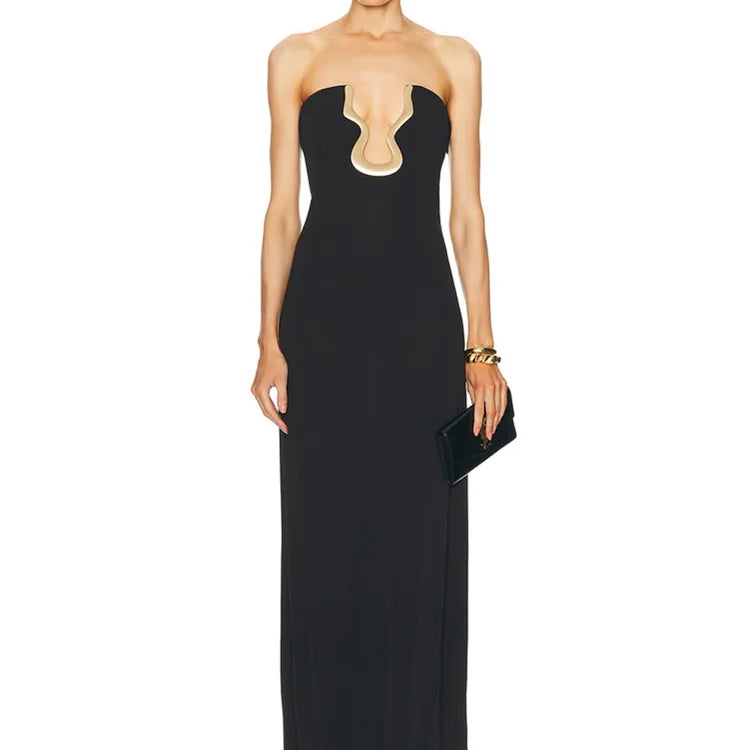 Ladies Women Celebrity Sexy Strapless Backless Black Maxi Long Bodycon Bandage Dress 2025 Elegant Evening Club Party Outfit