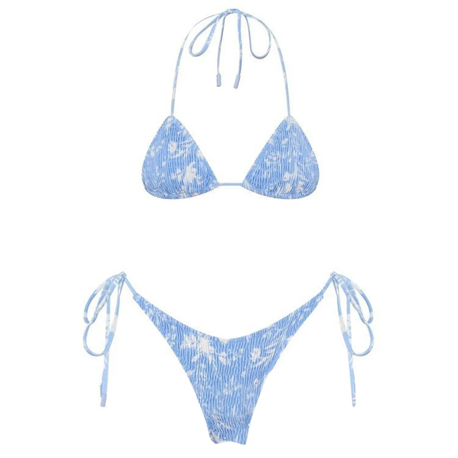 Womens Girls Sexy Bikini Swimsuit Stylish Tie-Dye Wrinkled Tankini Sets Halter Neck Lace Up Micro Bikini Swimwear Hawaiian Wear F