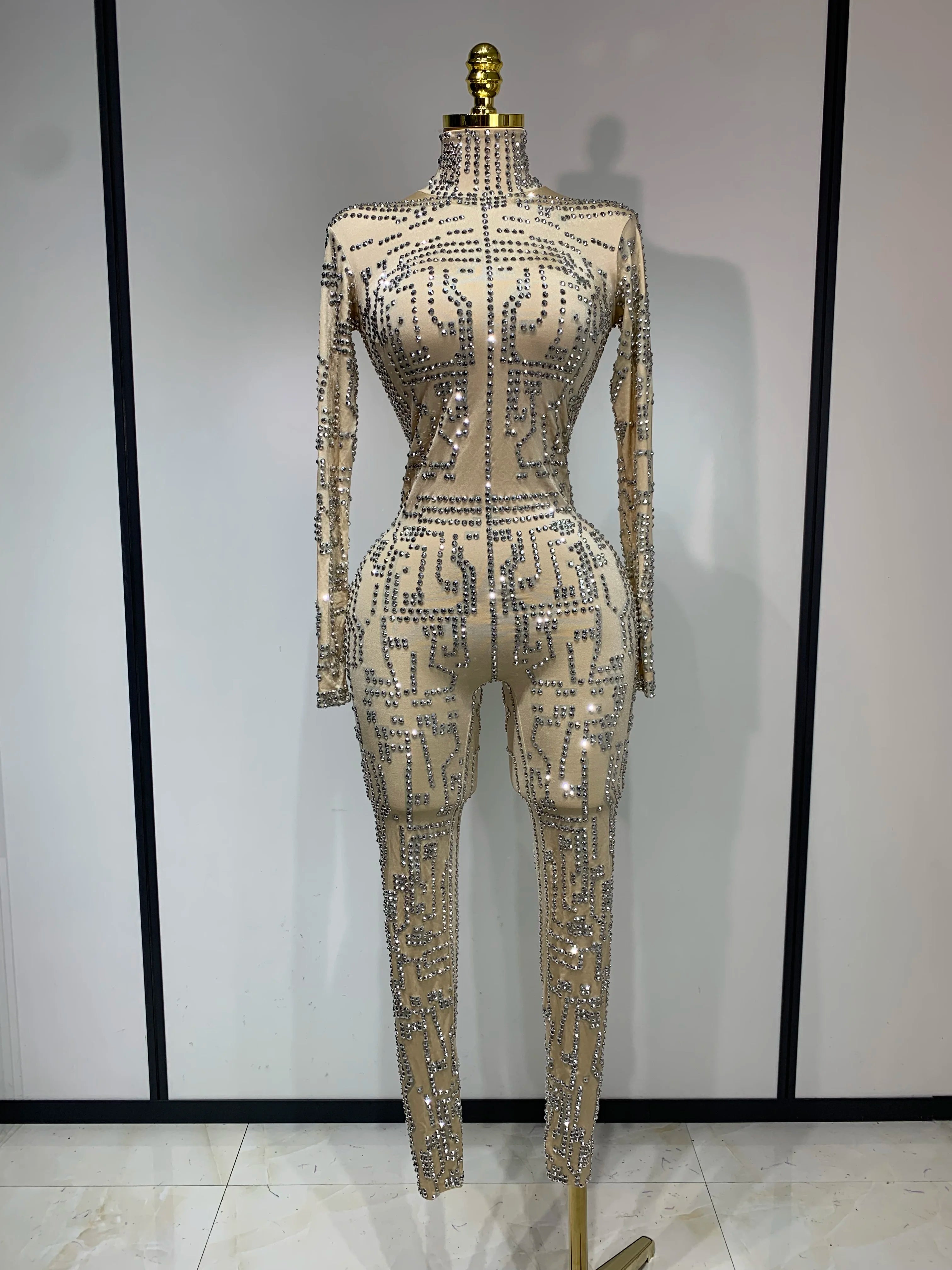 Shining Rhinestones Jumpsuits for Women Sexy Stretch Dance Jumpsuit Birthday Party Nightclub Stage Wear Drag Queen Costumes Beige