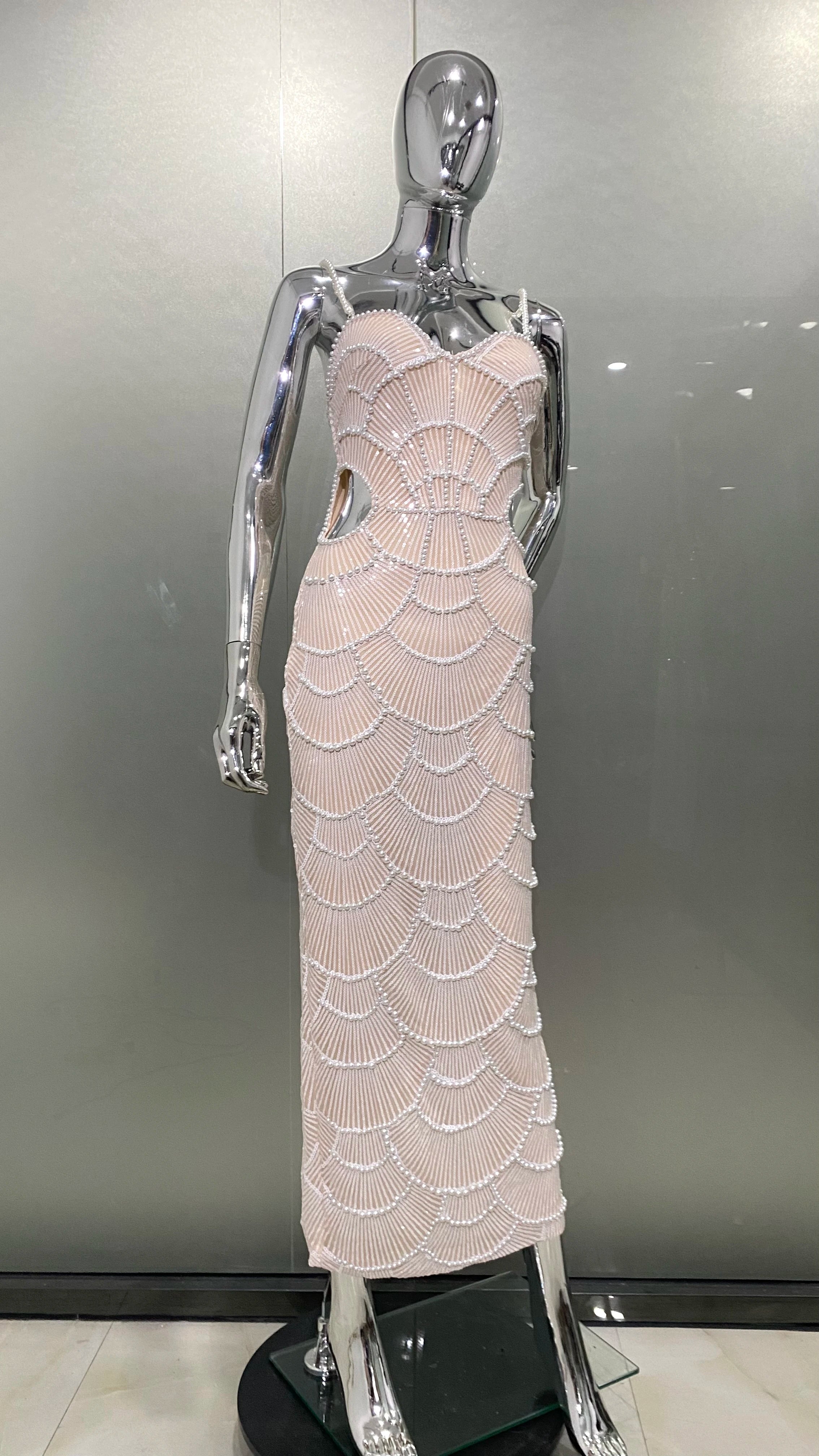 Women Sexy Pearl Beading Sequins Bodycon Mid-calf Dress Fashion Celebrate Evening Party Birthday Dress Wholesale
