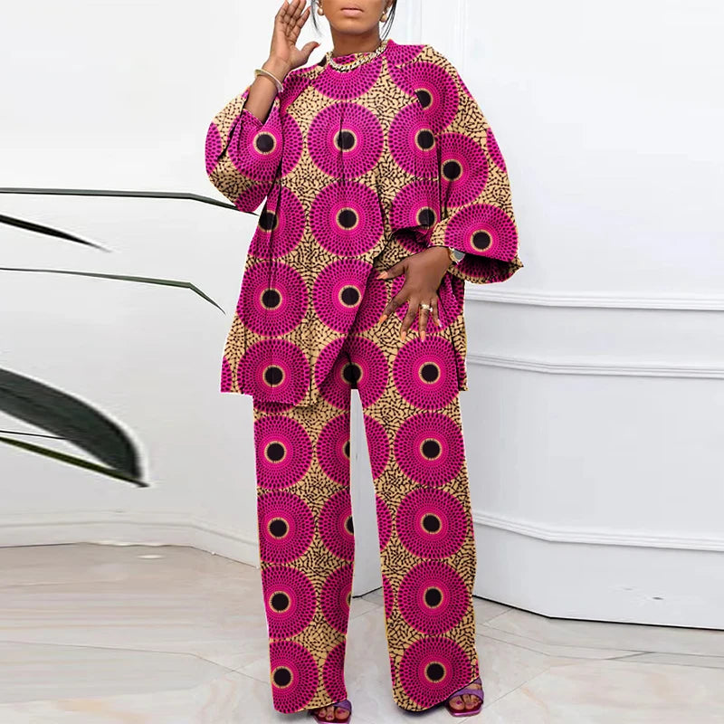 Plus Size VONDA Bohemian Style Printing Outfits Women Elegant Tops Sets O-neck Long Sleeve Casual Loose Two Piece Suits Holiday Drak Pink