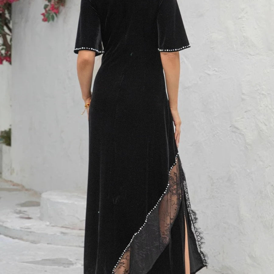 Slimming Split Spliced Bead Elegant Dresses for Women Round Neck Half Sleeves Patchwork Lace Dress Female Clothing