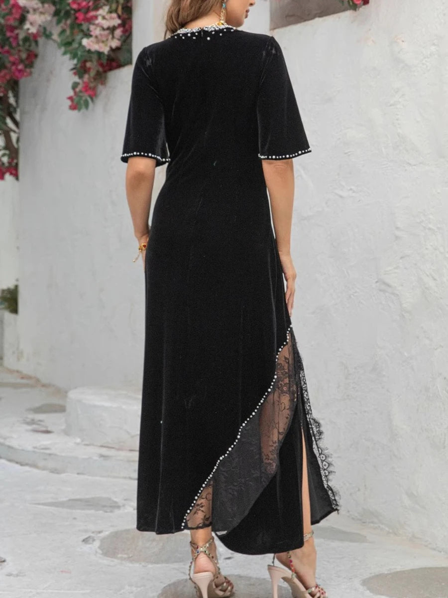 Slimming Split Spliced Bead Elegant Dresses for Women Round Neck Half Sleeves Patchwork Lace Dress Female Clothing