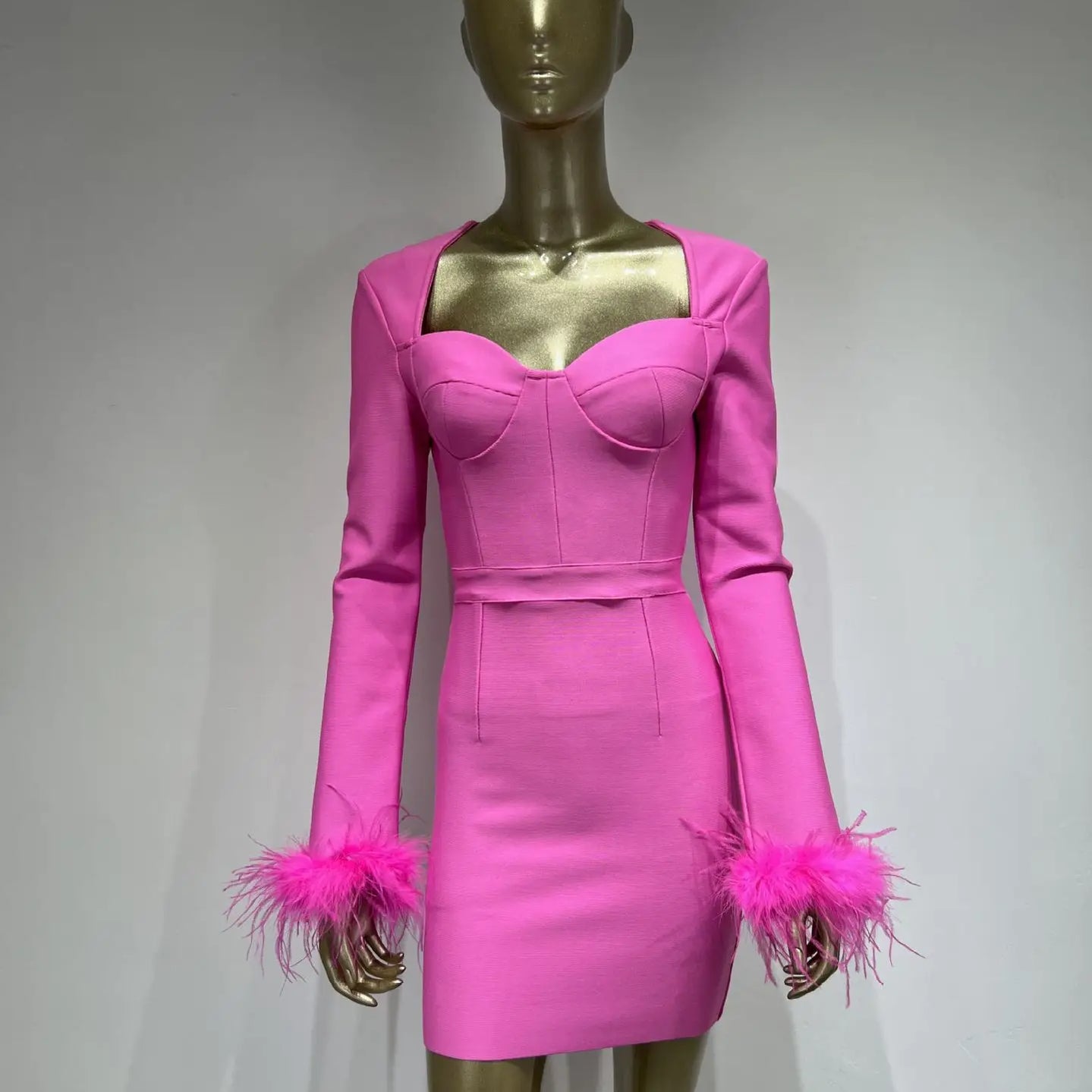Women Winter Sexy Long Sleeve Feather Hot Pink Black Mini Bandage Dress Elegant Evening Club Party Dress