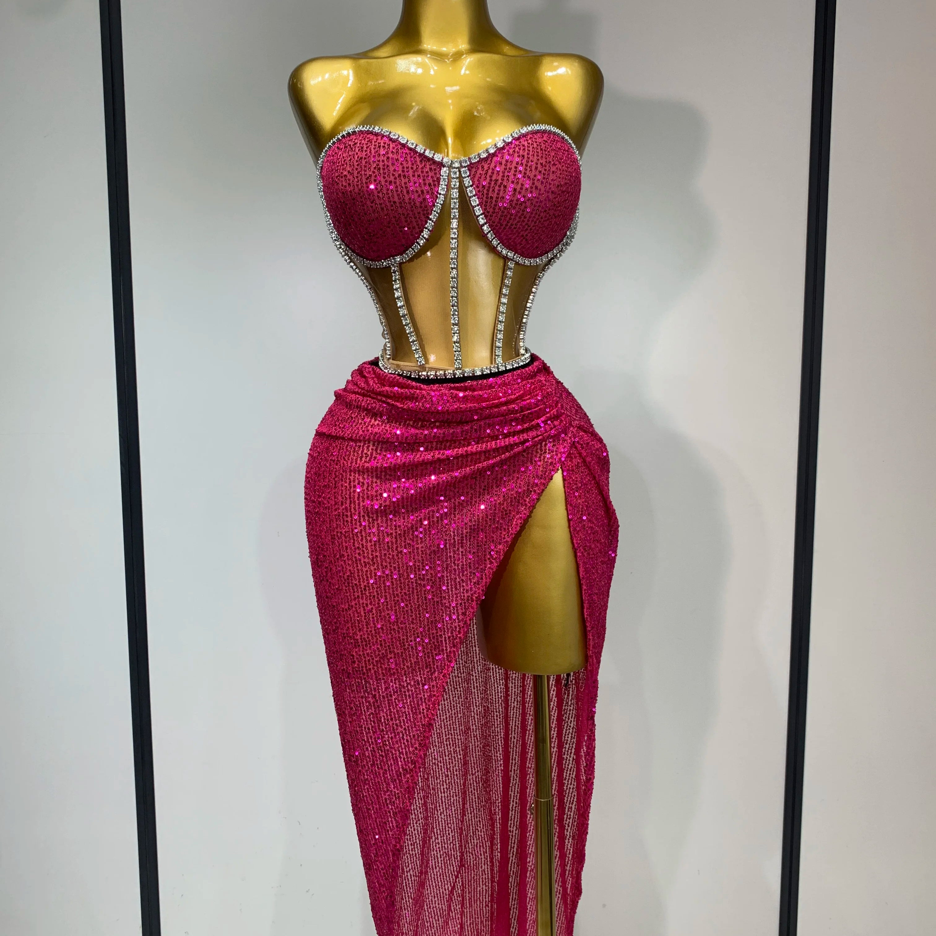 Women Sparkly Rhinestones Sequins Sexy Mesh Two Piece Set Evening Birthday Party Dress Nightclub Stage Performance Costumes Rose Red