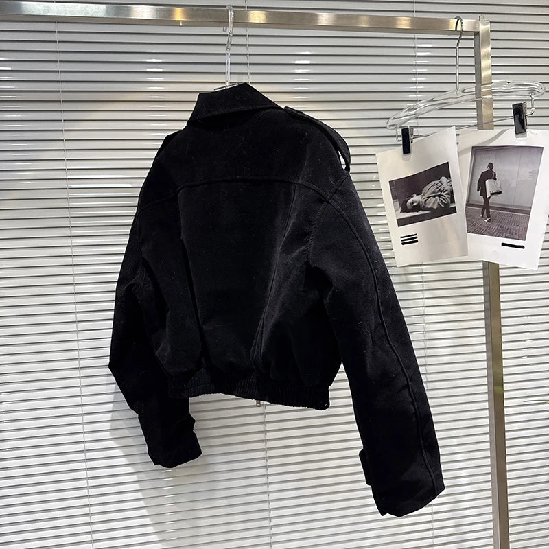 Winter New Fashion Black Zipper Turn-down Collar Fleece Cotton Jacket For Women Streetwear Short Coat Female 11A07598