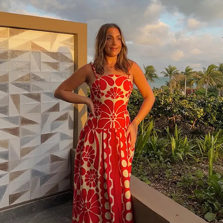 Fashion Red Print Spaghetti Strap Dress Women Sexy Backless Sleeveless Sling Robe Summer Female Casual Party Beach Vestidos