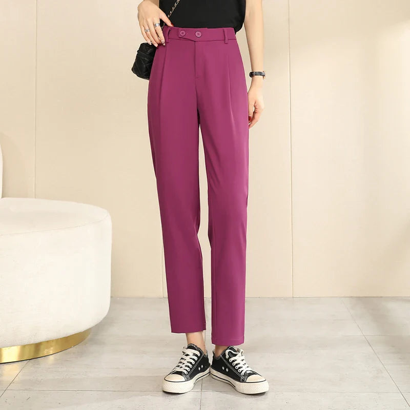Women's Summer New Solid Fashion Thin High Waist Casual Straight Loose Button Pocket Ruched Suit Harlan Small Feet Pants Dragon fruit