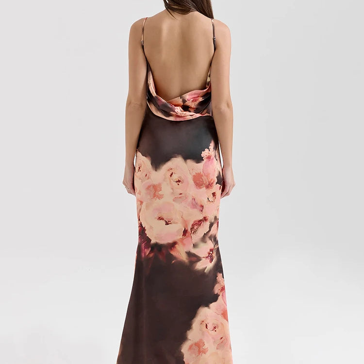 Mozision Satin Floral Print Sexy Maxi Dress Women Gown Elegant Spaghetti Strap Sleeveless Backless Bodycon Evening Club Dress