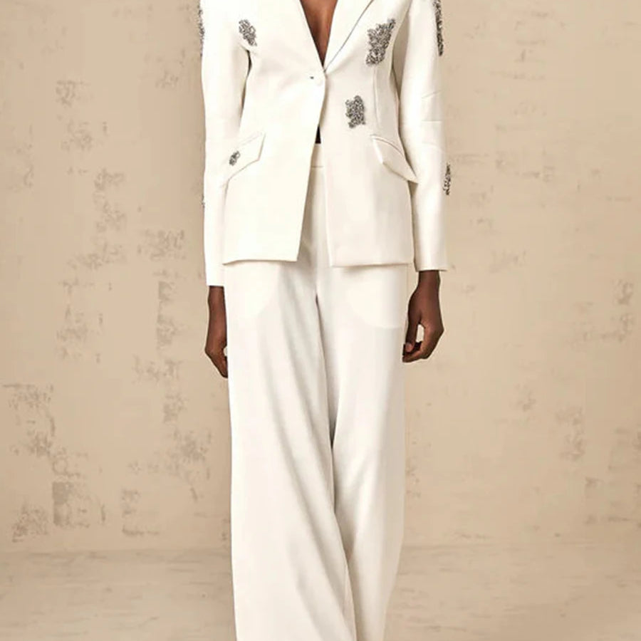 Solid Fashion Two Piece Set for Women Notched Spliced Pockets Blazer High Waist Wide Leg Pants Female Clothing New WHITE