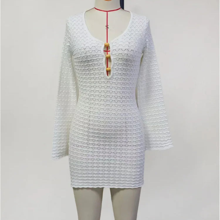 Mozision Sexy Knitted Beach Dress For Woman White Hollow Out Deep V Neck Long Sleeve High Waist A-line Knit Dress Knitwear