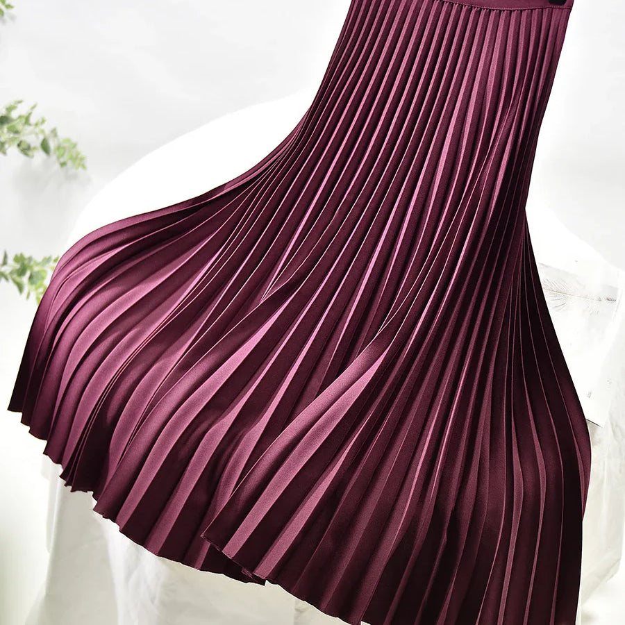 Brand Designer Women Spring Autumn Elegant Chic Solid Pleated Skirt High Waist Luxury Fashion With Elastic Female C-035 Claret