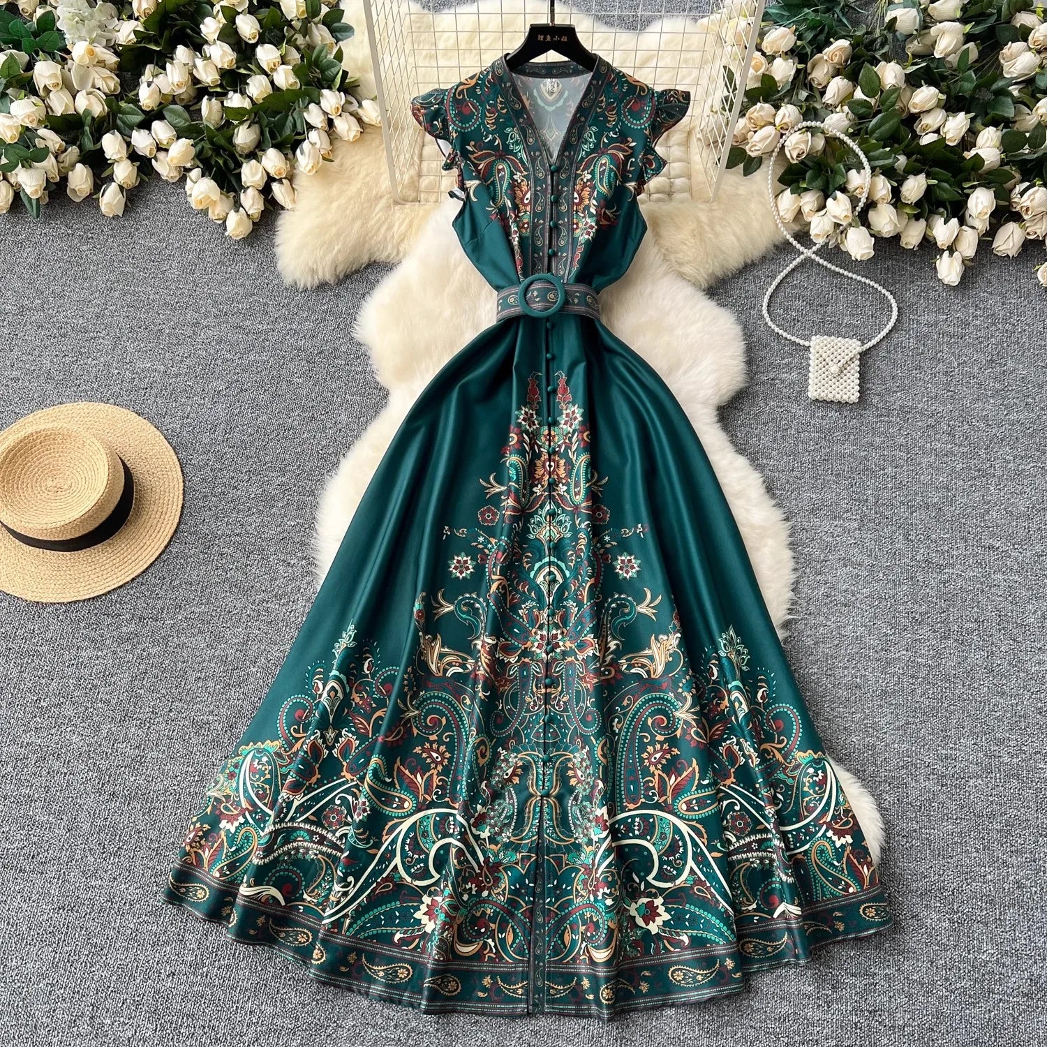 2024 Summer Women Clothing Runway Fashion Paisley Print Flying Sleeve V-Neck Single Breasted Belted Vintage Party Long Vestidos green