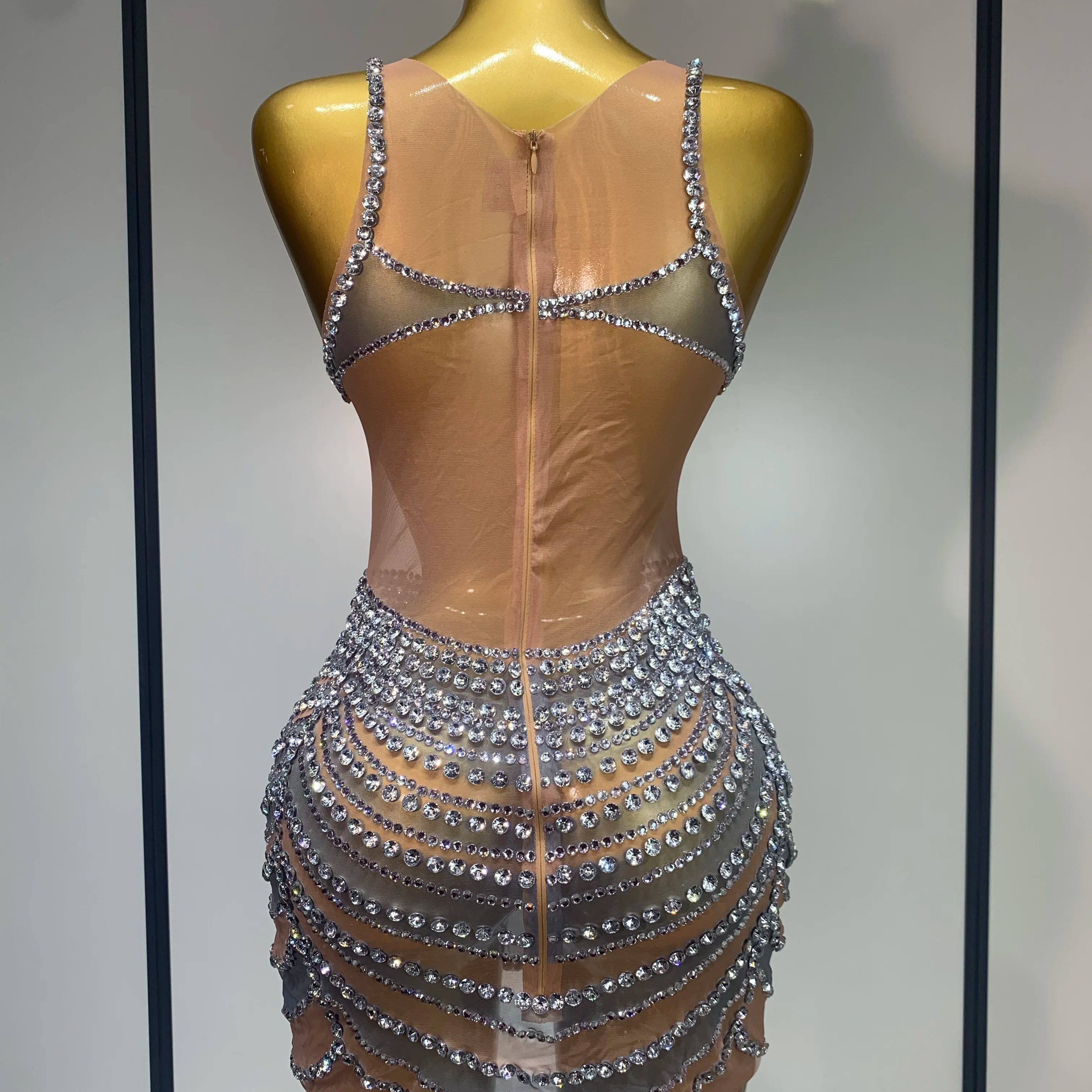 Sparkly Rhinestones Sleeveless Mini Dress Evening Birthday Celebrate Evening Party Dress Nightclub Stage Performance Costume