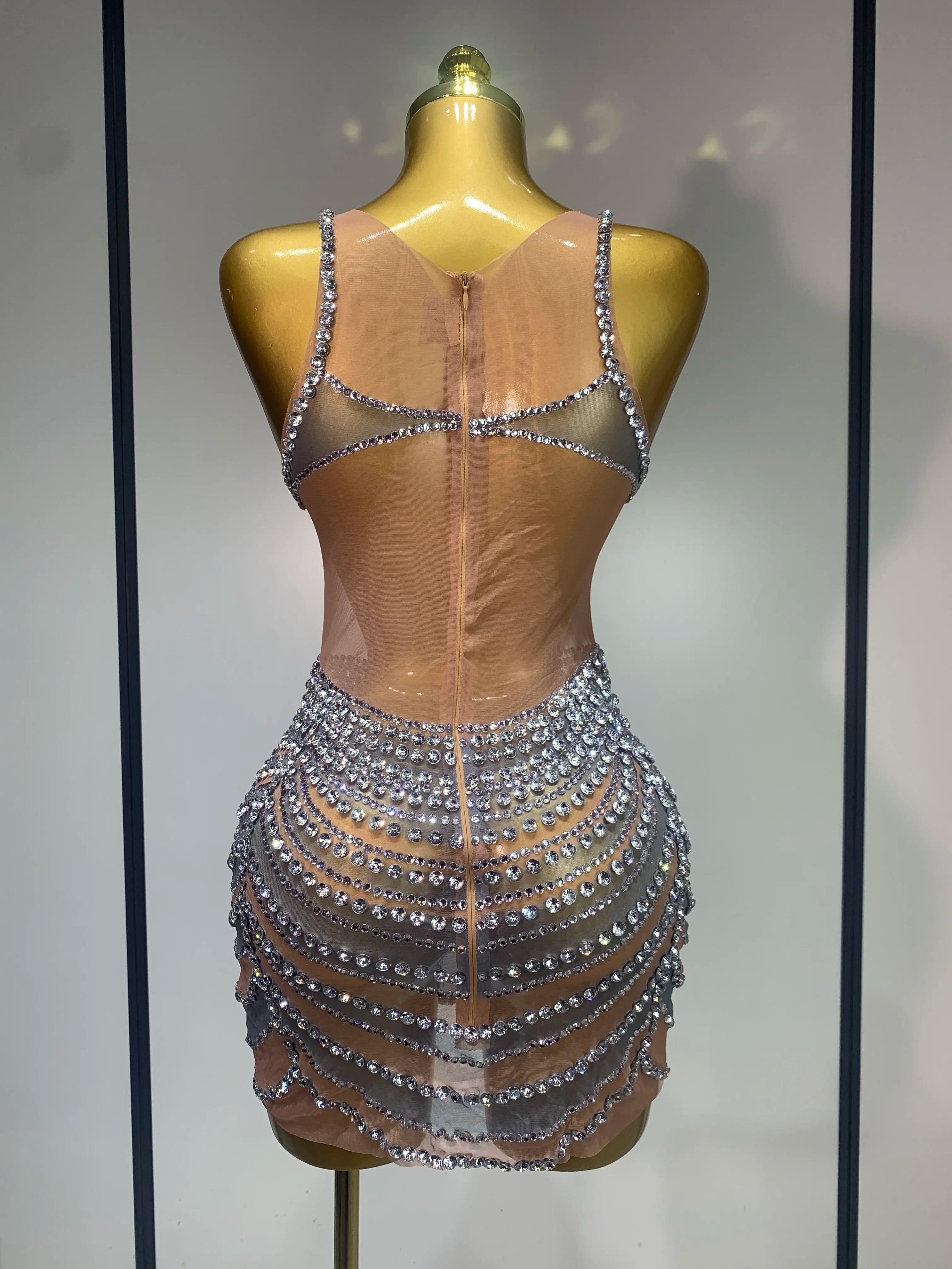 Sparkly Rhinestones Sleeveless Mini Dress Evening Birthday Celebrate Evening Party Dress Nightclub Stage Performance Costume