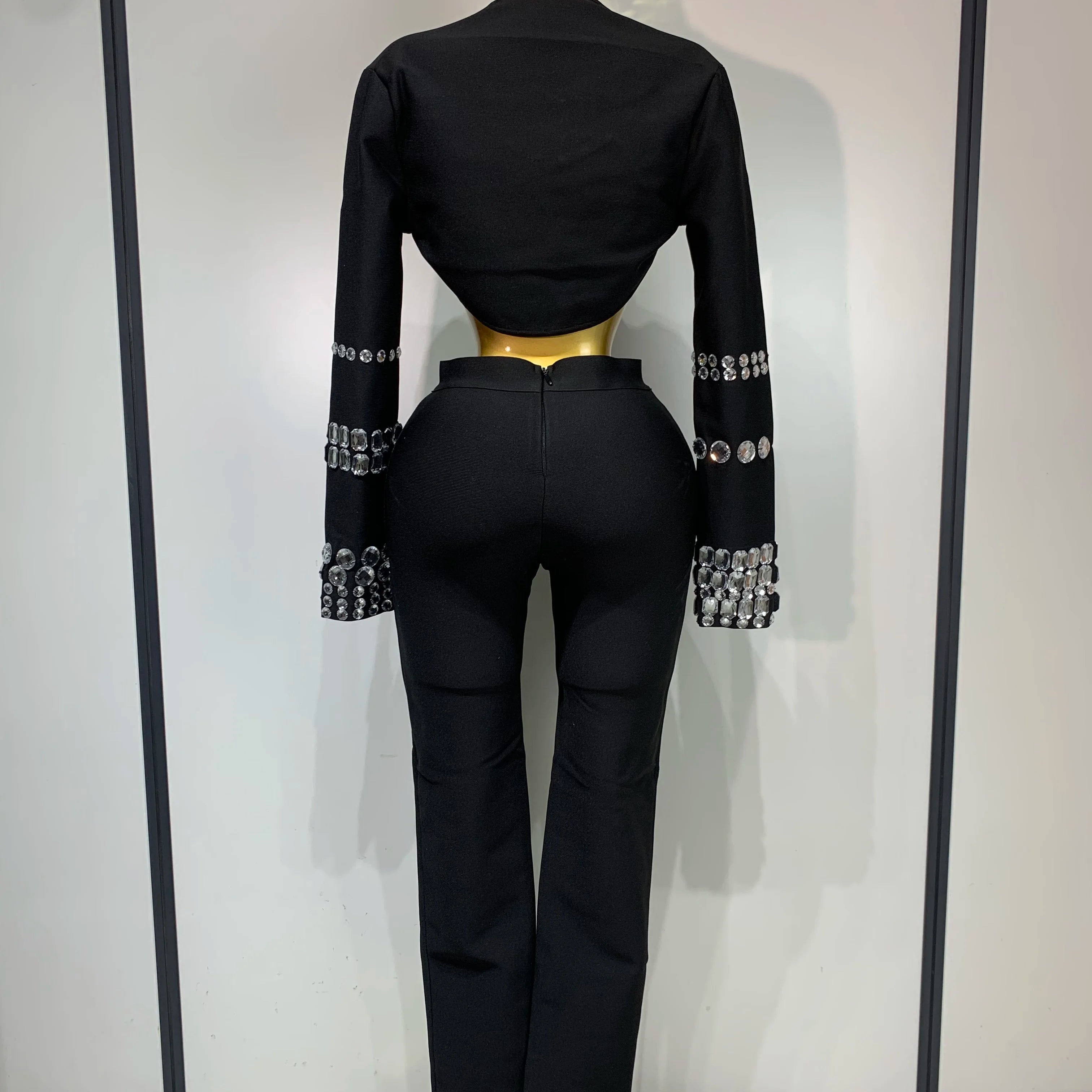 Women Celebrity Sexy Long Sleeve Beading Black Bodycon Bandage Three Piece Set Elegant Evening Club Party Birthday Outfits
