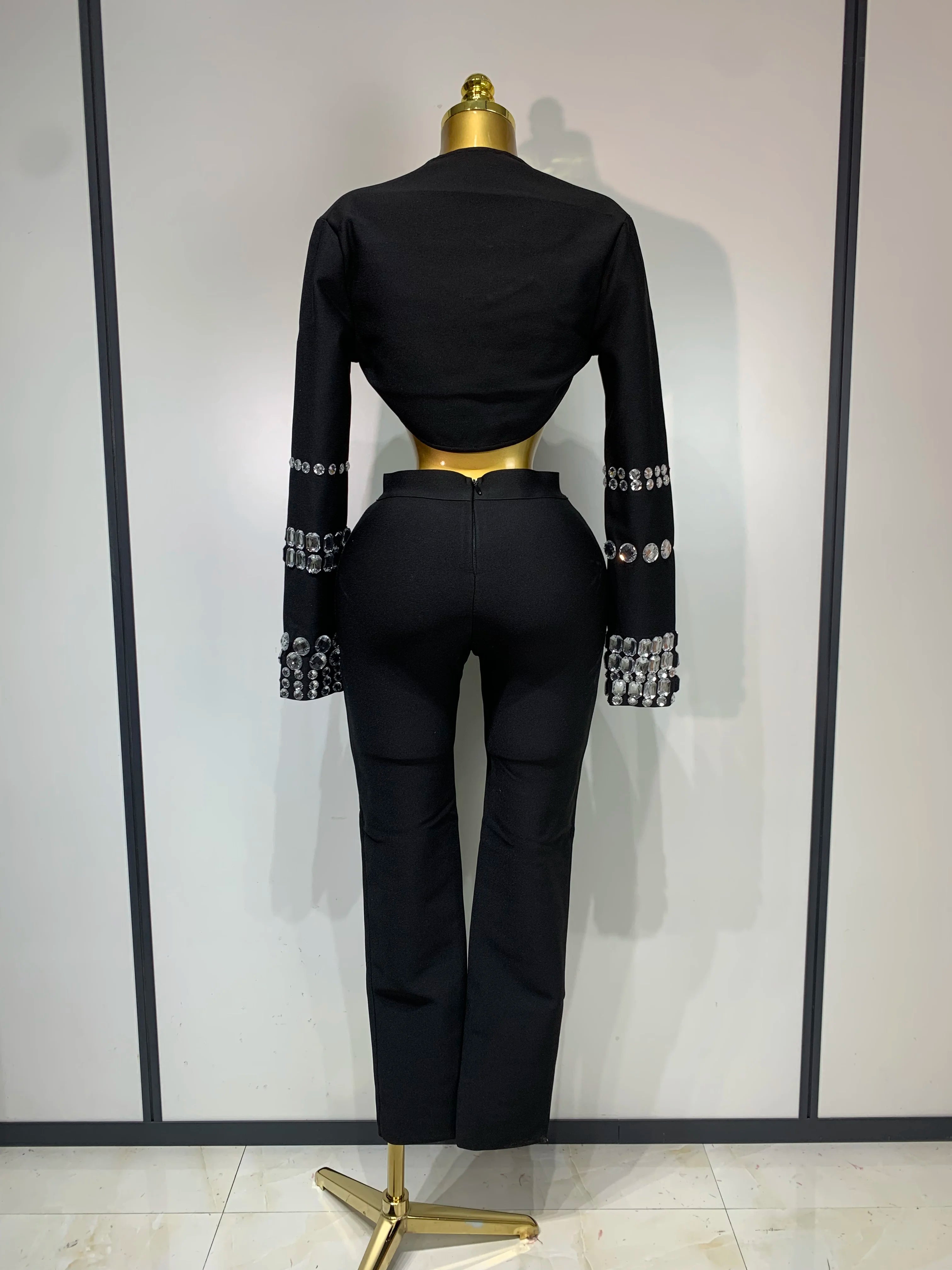 Women Celebrity Sexy Long Sleeve Beading Black Bodycon Bandage Three Piece Set Elegant Evening Club Party Birthday Outfits