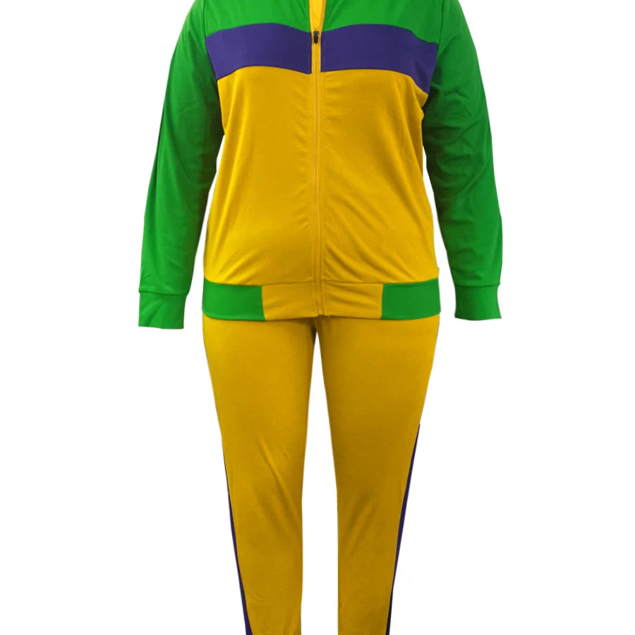 LW Plus Size Zipper Design Patchwork Pants Set Women Color Block Mandarin Collar Tracksuits Long Sleeve Two Pieces Outfits