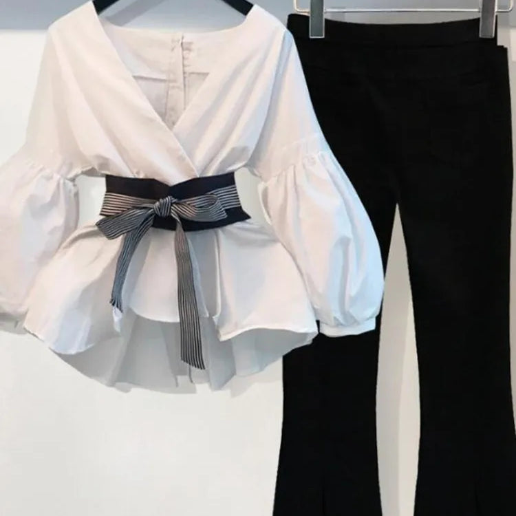 Lantern Sleeve Blouse Shirt Women 2023 Fashion Korean Style Summer Bow V-neck Striped Shirt Elegant Ladies Tops Female Clothing suit 1