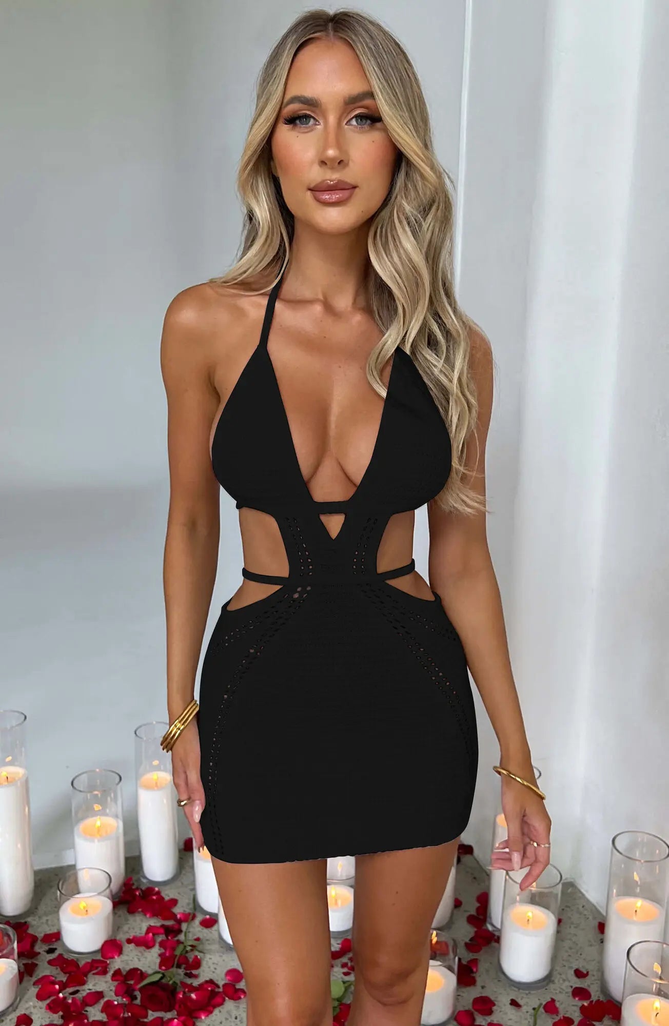 Hollow Out Halter Sexy Mini Dress Women Summer New Sleeveless Backless Skinny Club Party Knit Tank Dress Vestido Black