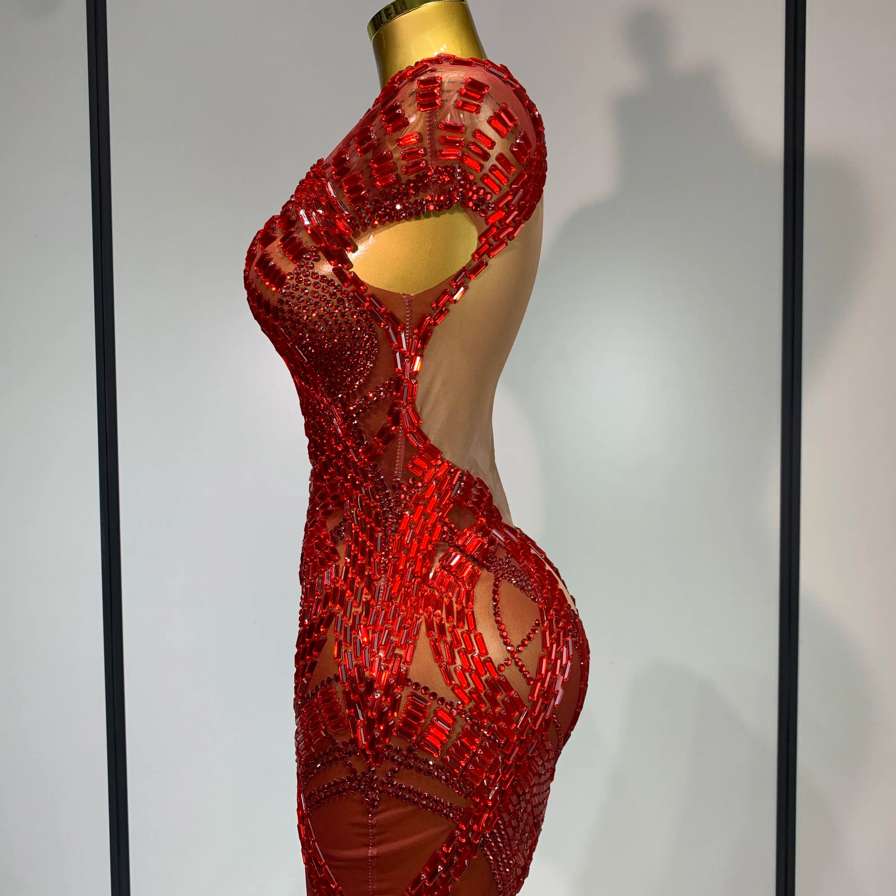 Luxury Rhinestones Sexy Mesh See Through Mini Dress Women Celebrate Birthday Evening Party Dress Stage Performance Costume