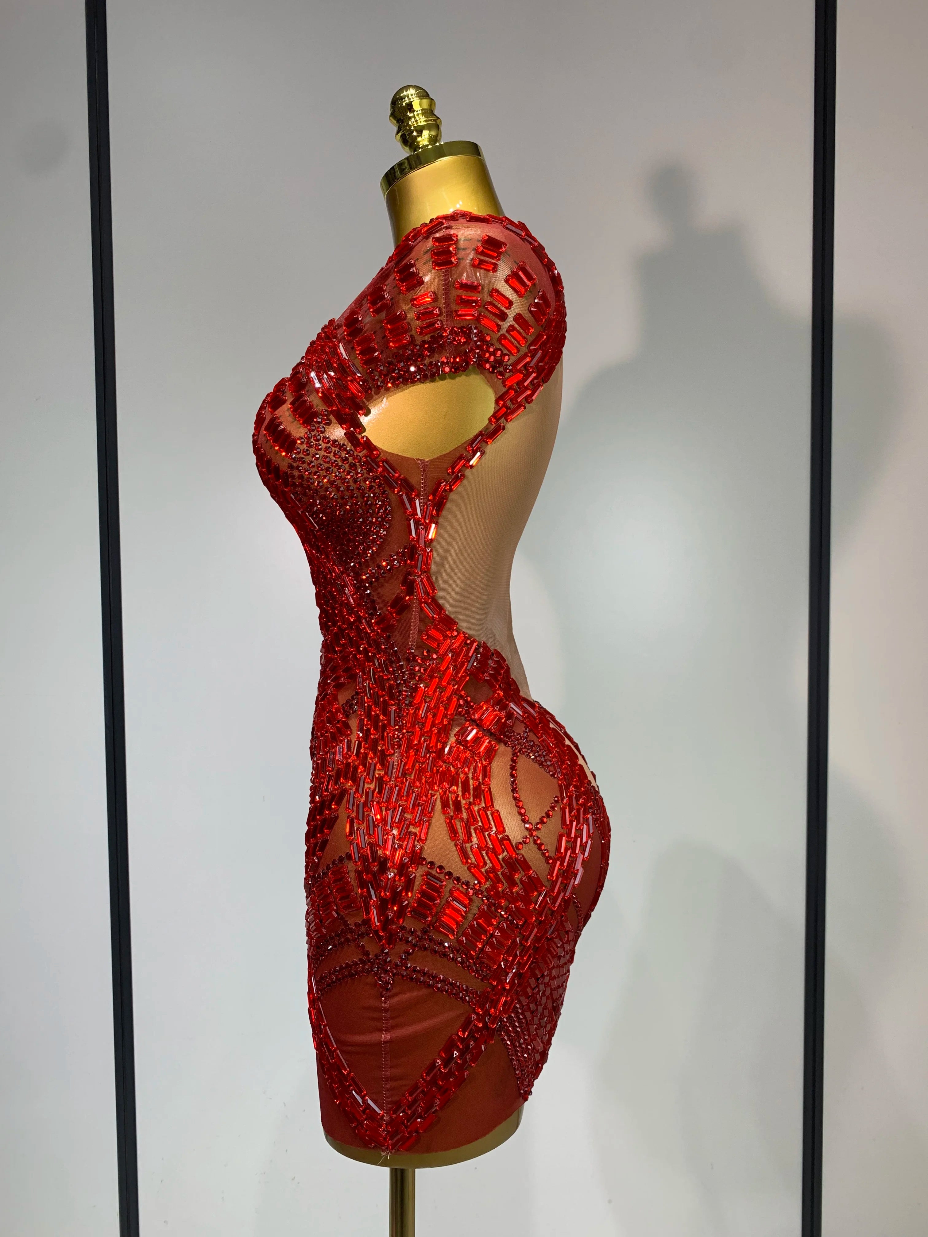 Luxury Rhinestones Sexy Mesh See Through Mini Dress Women Celebrate Birthday Evening Party Dress Stage Performance Costume