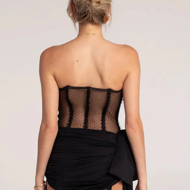 Black Lace Bow Mini Dress See Through Ruched Short Dress Celebrity Night Club Wear Cocktail Party Outfits