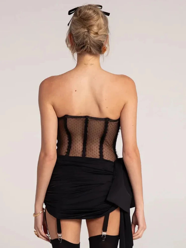 Black Lace Bow Mini Dress See Through Ruched Short Dress Celebrity Night Club Wear Cocktail Party Outfits