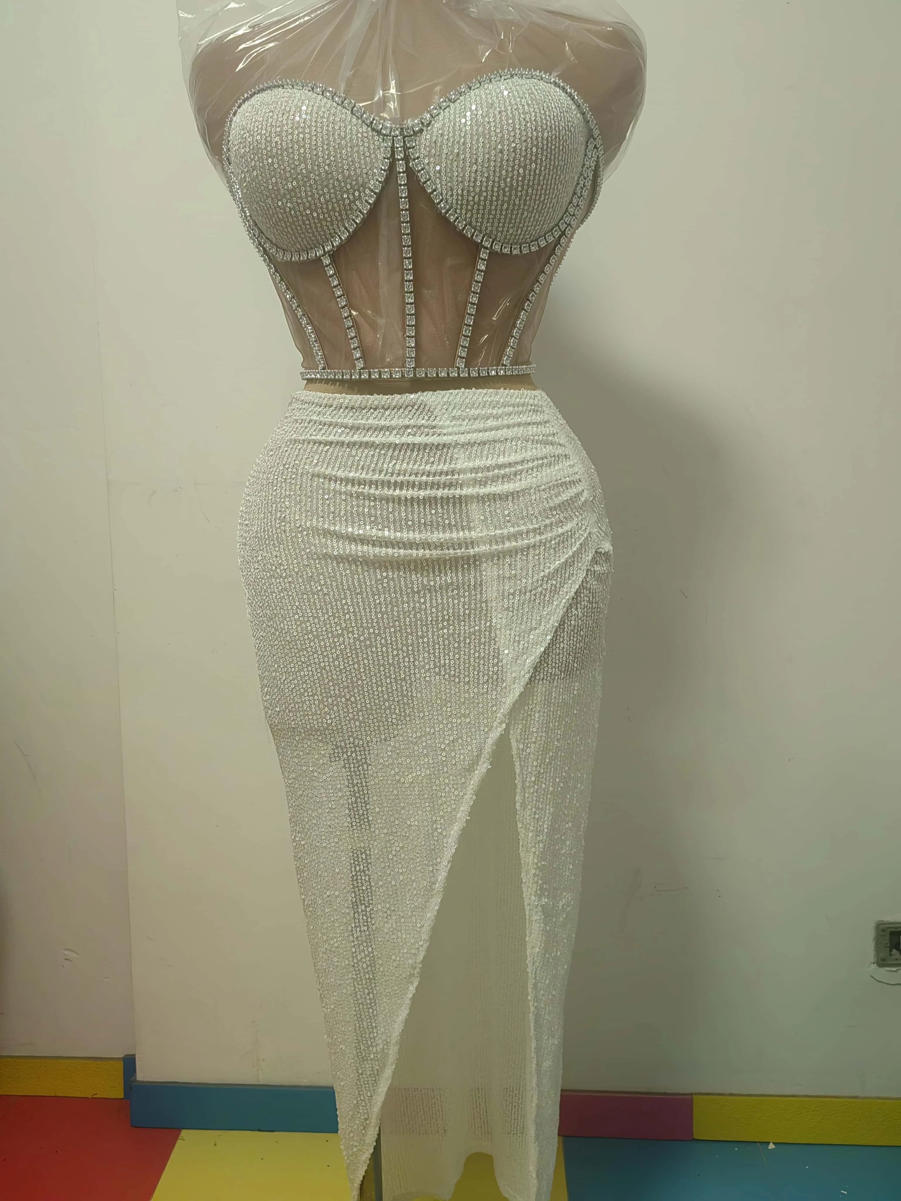 Stunning Sparkly Rhinestone Sequins Streamer Theme Party Hollow Out Tops Skirt 2Pieces Set Suit Festival Event Bodycon Tangguo Beige One Size