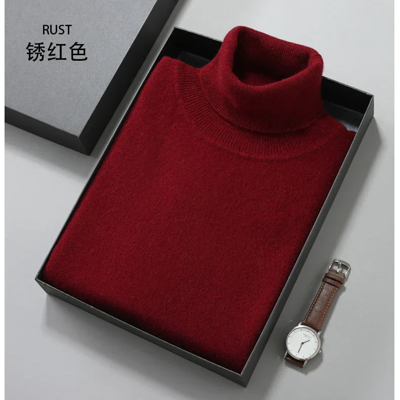 Turtleneck Men Pullovers Autumn Winter Soft Light Warm Rolled Neck Jumper Jersey Pull Homme Knitted Sweater dark red