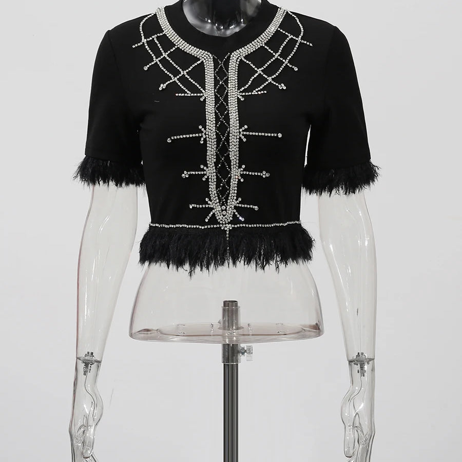 Slimming Spliced Diamond Elegant T Shirts for Women Round Neck Short Sleeves Patchwork Tassels Tees Femlae Fashion BLACK
