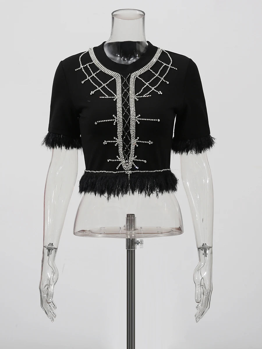 Slimming Spliced Diamond Elegant T Shirts for Women Round Neck Short Sleeves Patchwork Tassels Tees Femlae Fashion BLACK