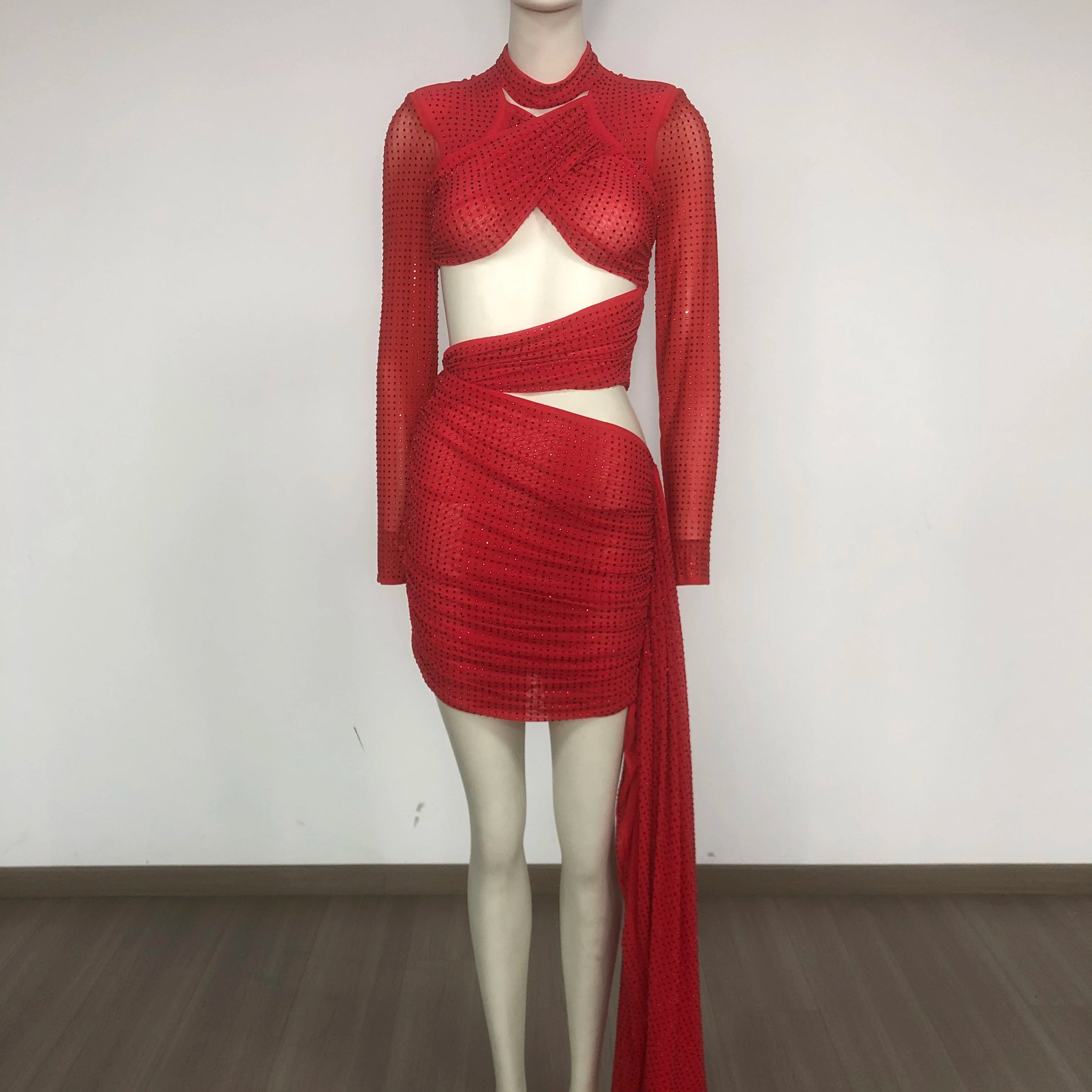 Shinning Rhinestones Women Long Sleeve Sexy Cross Keyholes Bodycon Mini Dress Celebrity Gashion Red Carpet Birthday Outfit